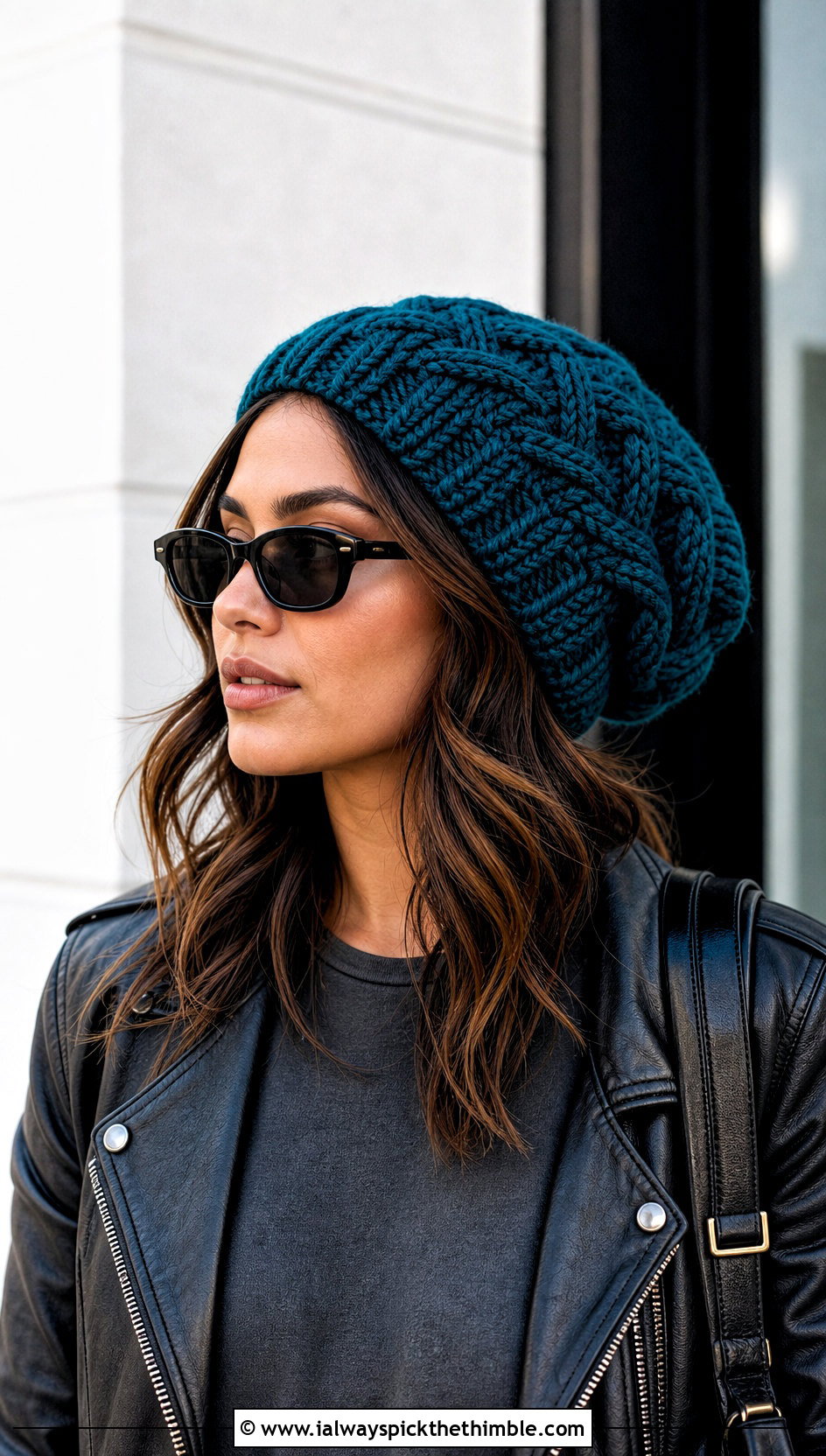 Cable Twist Slouchy Crochet Beanie With Leather Jacket - 15 Textured Crochet Hat outfit ideas