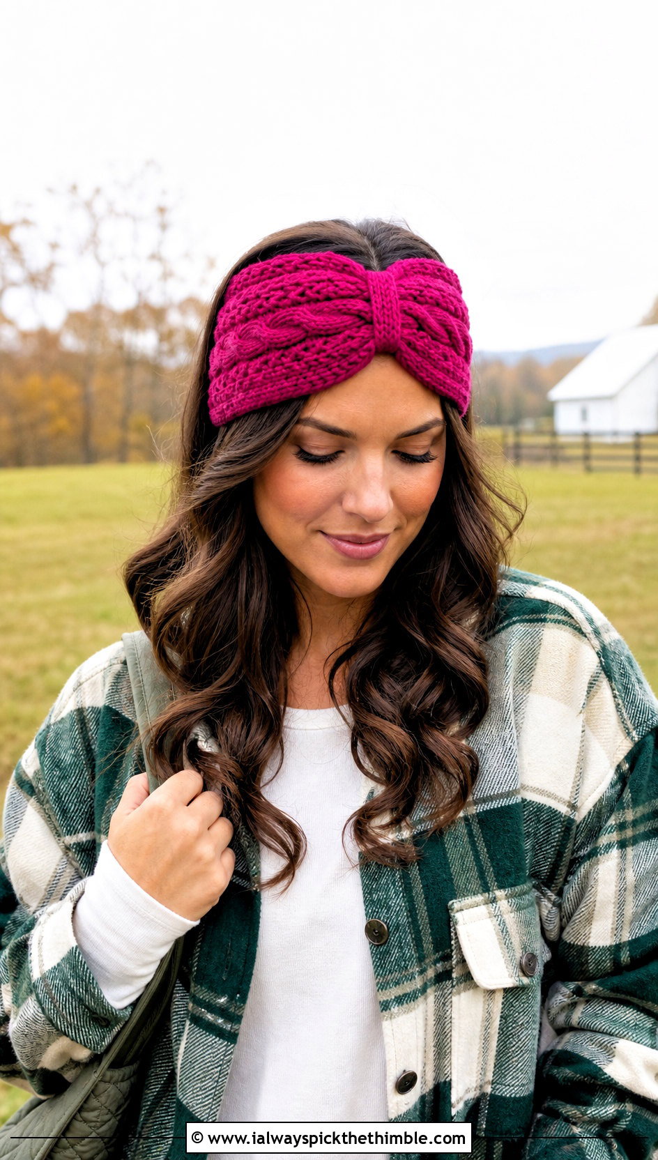 Cable Wide Cinch Crochet Headband With Plaid Overshirt - 15 wide cinch crochet headband outfit ideas