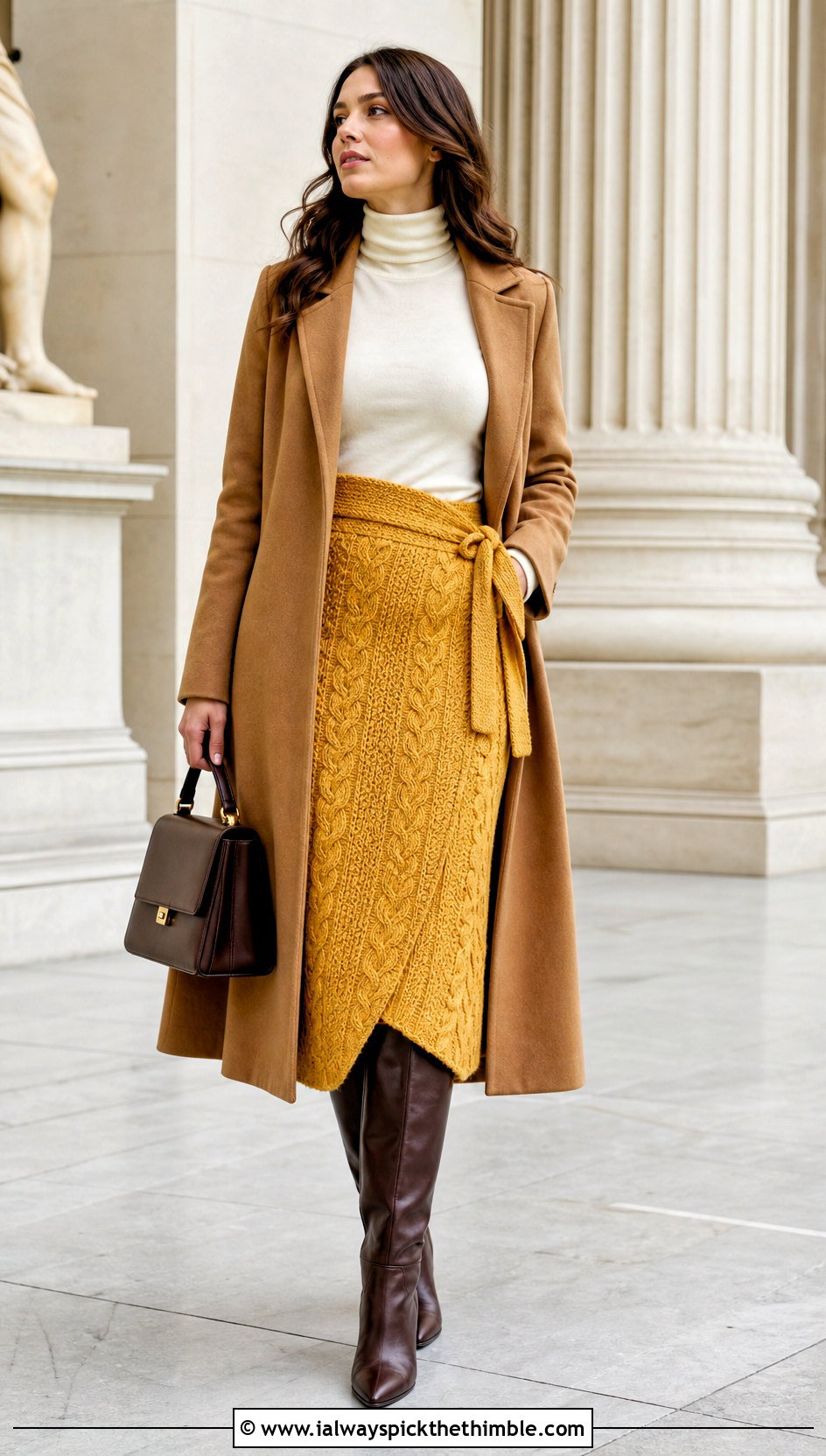 Cable Wrap Midi Skirt With Turtleneck And Tall Boots - 15 crochet cable skirt outfit ideas