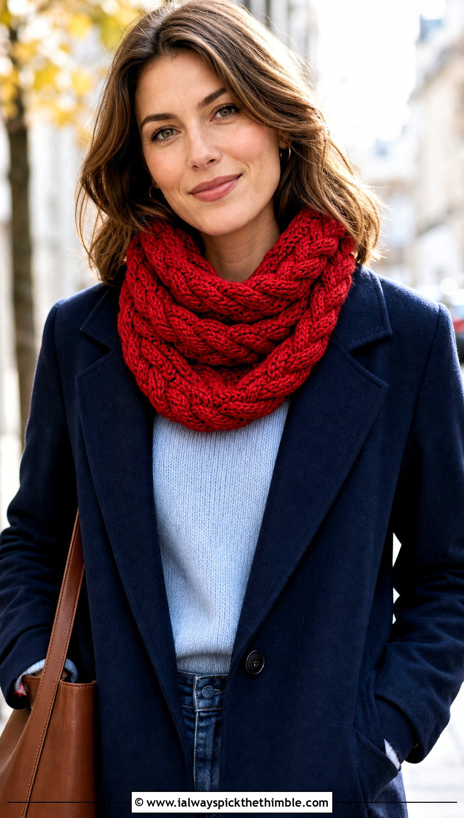 Cabled Crochet Cowl With Wool Coat And Jeans - 15 Crochet For Cowl Scarf outfit ideas