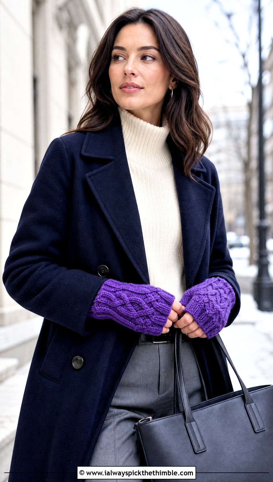 Cabled Crochet Fingerless Gloves With Peacoat And Trousers - 20 Crochet For Fingerless Gloves outfit ideas