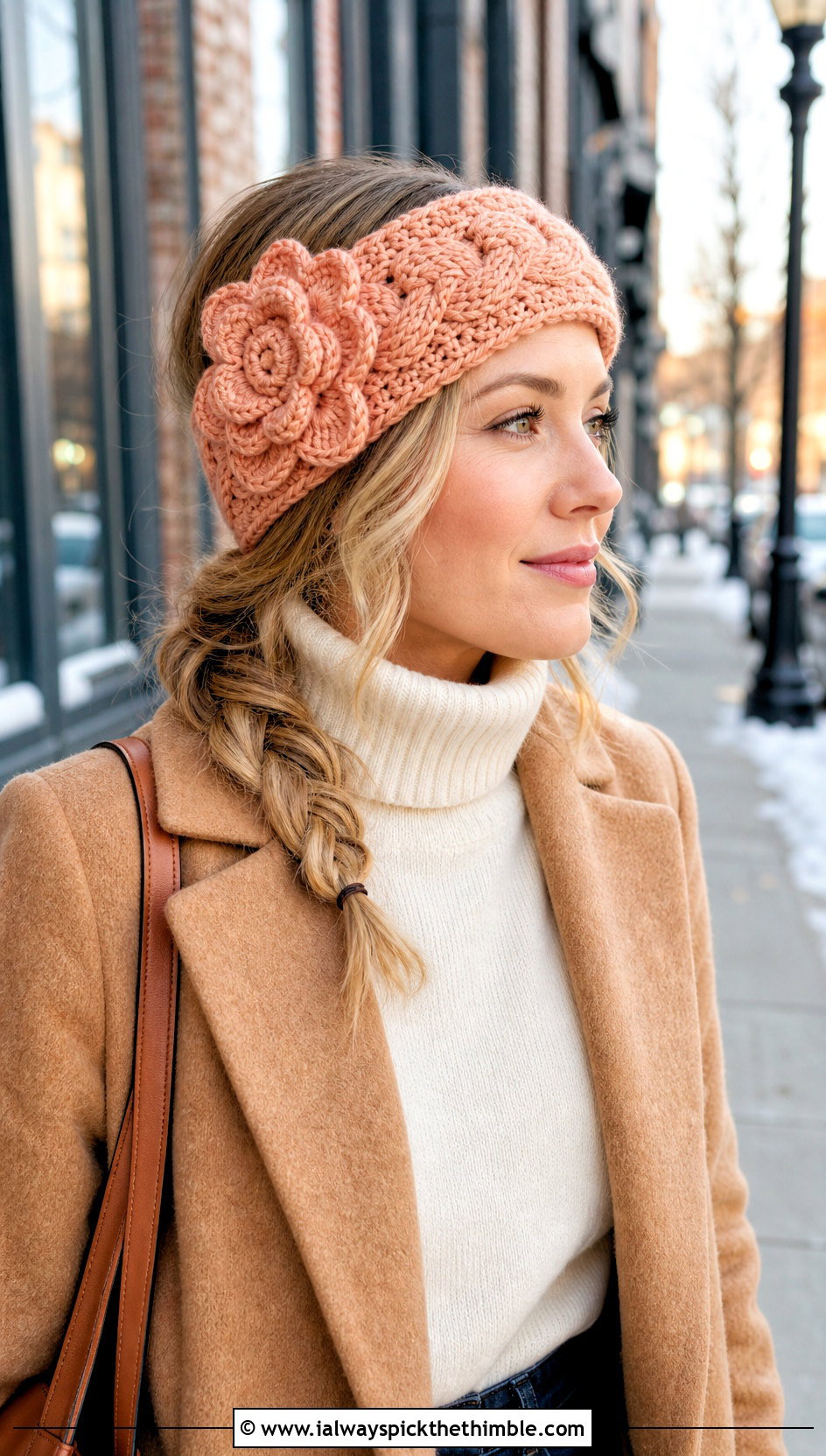 Cabled Flower Ear Warmer Headband With Sweater Coat And Boots - 15 crochet headband with flower design outfit ideas