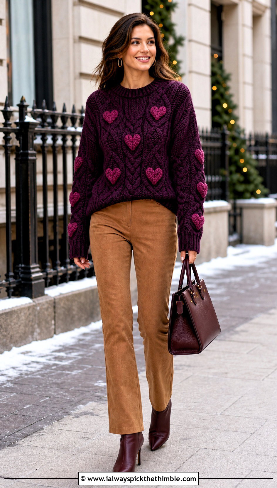 Cabled Heart Crochet Sweater With Suede Pants - 25 crochet heart sweater outfit ideas