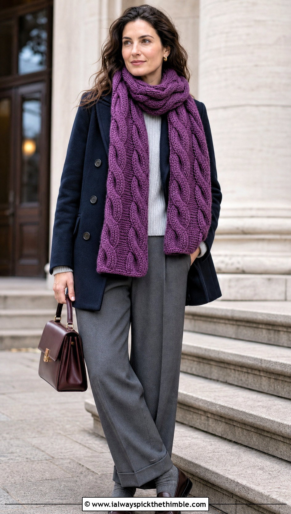 Cabled Tunisian Scarf With Peacoat And Loafers - 20 Easy Tunisian Crochet Scarf outfit ideas
