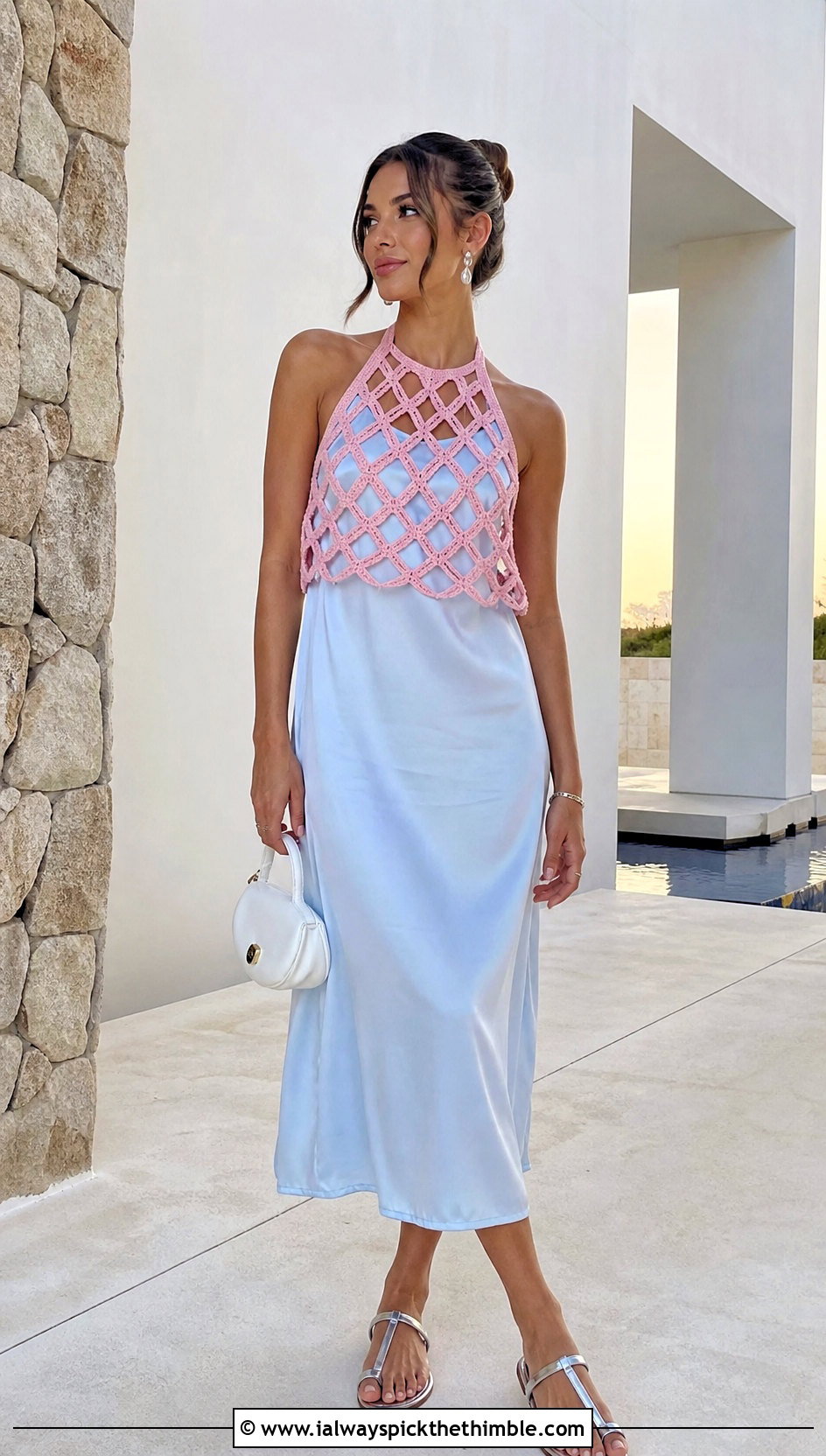 Caged Crocheted Halter Top Over A Slip Dress - 20 crocheted halter tops outfit ideas