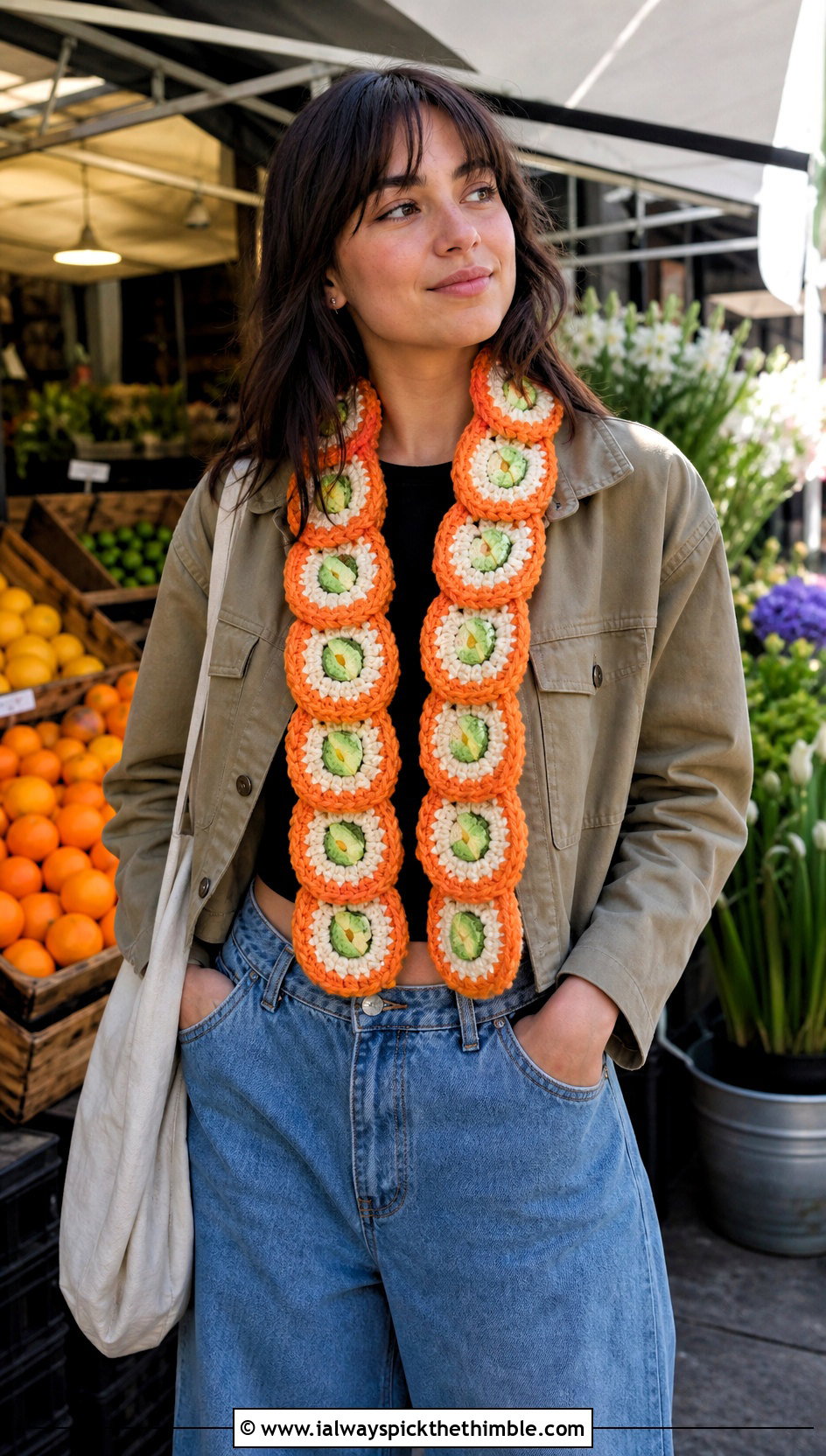 California Roll Crochet Sushi Scarf With Wide Leg Jeans - 20 crochet sushi scarf outfit ideas