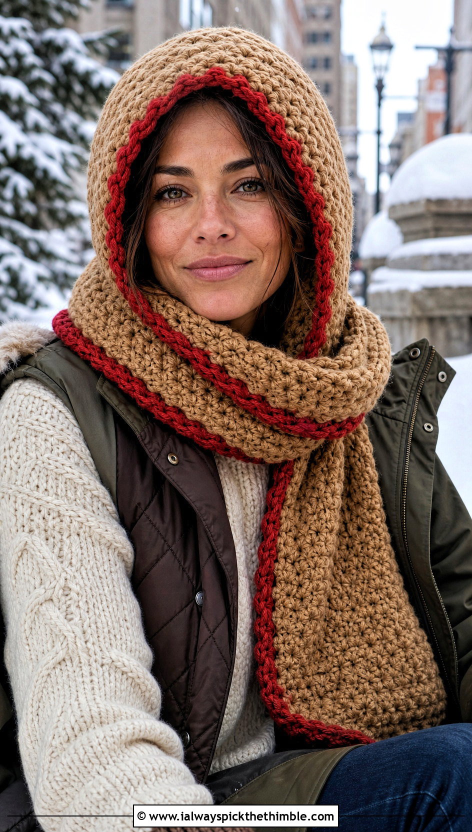 Camel Hooded Crochet Scarf With Sweater And Jeans - 15 neutral tone crochet scarf outfit ideas