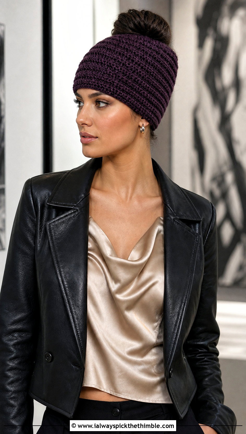 Camel Stitch Bun Crochet Beanie With Leather Jacket And Midi Skirt - 20 Bun Crochet Beanie outfit ideas