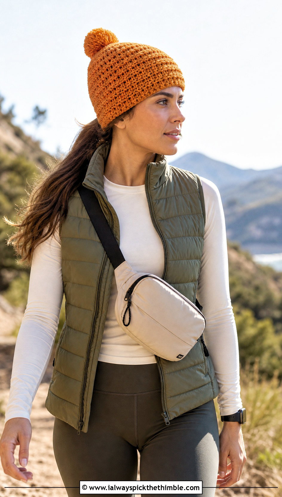 Camel Stitch Pom Pom Beanie With Puffer Vest - 15 Crochet Hat That Looks Knitted outfit ideas