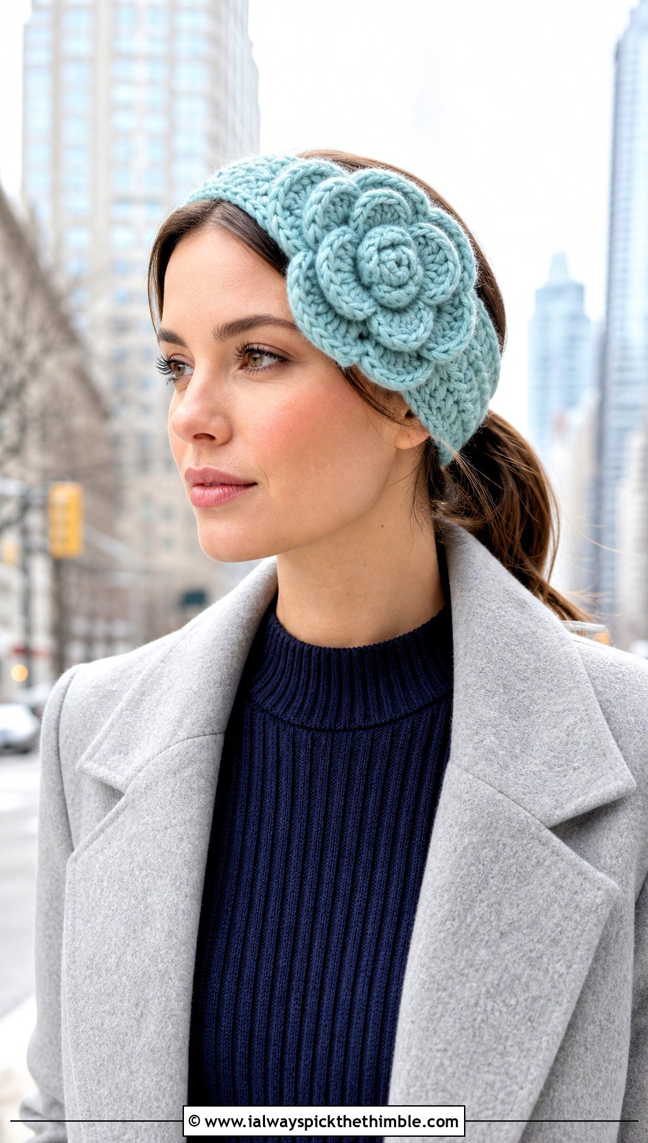 Camellia Crochet Headband With Knit Dress And Knee High Boots - 15 crochet headband with flower decoration outfit ideas
