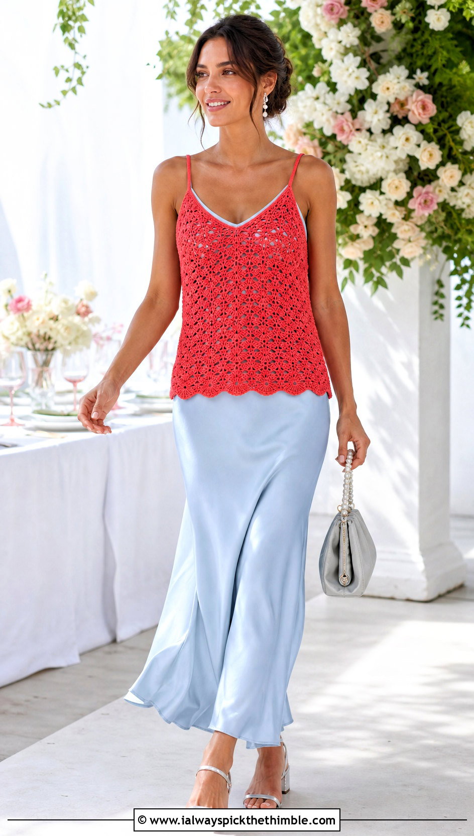 Camisole Solid Shell Stitch Crochet Tank Top Over Slip Dress - 15 solid shell stitch crochet tank top outfit ideas