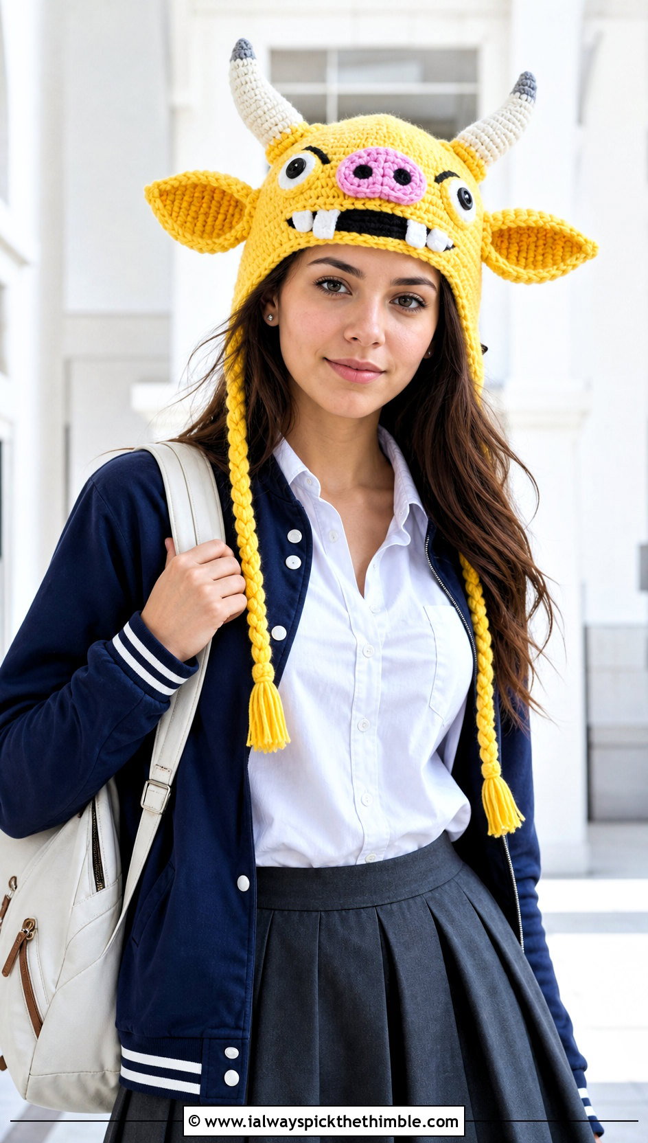 Canary Yellow Braided Tie Bokoblin Crochet Hat With Varsity Jacket - 15 Bokoblin Crochet Hat outfit ideas