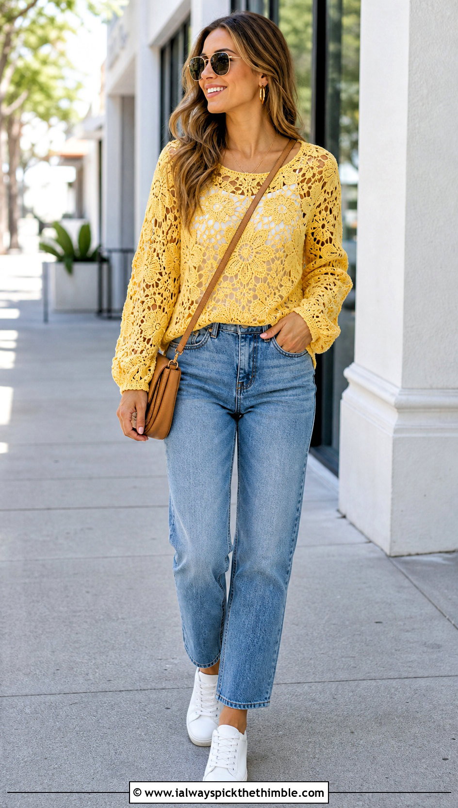 Canary Yellow Floral Lace Crochet Pullover With Straight Leg Jeans - 15 Yellow Lace Crochet Sweater outfit ideas