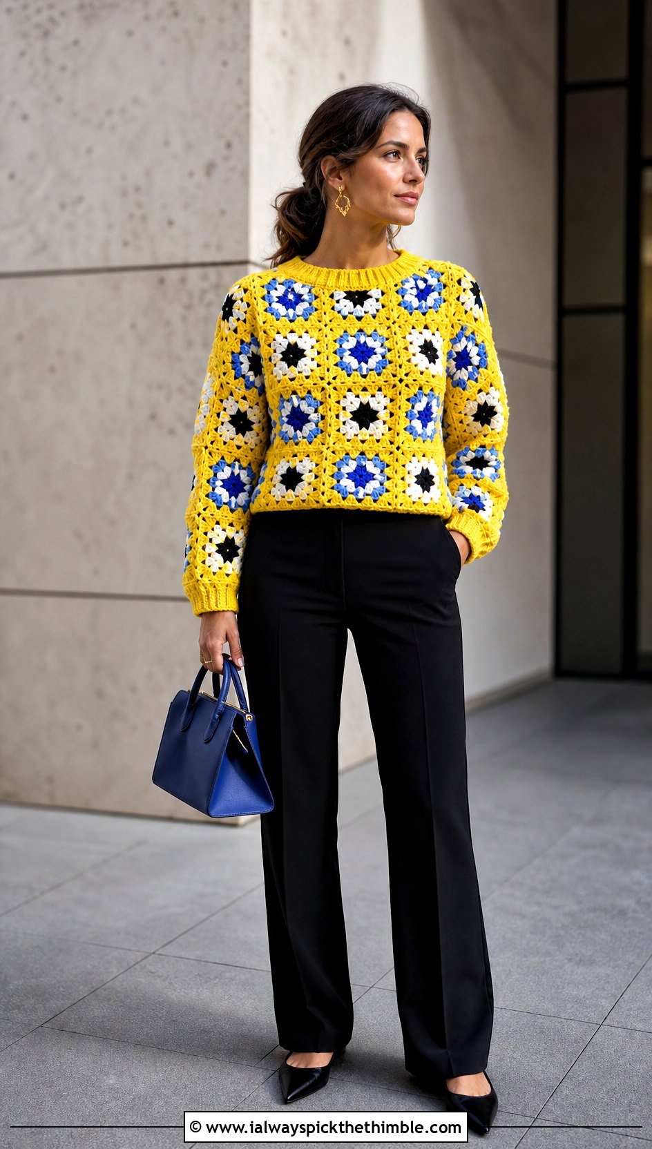 Canary Yellow Granny Square Sweater With Black Trousers - 20 Crochet Yellow Sweater outfit ideas