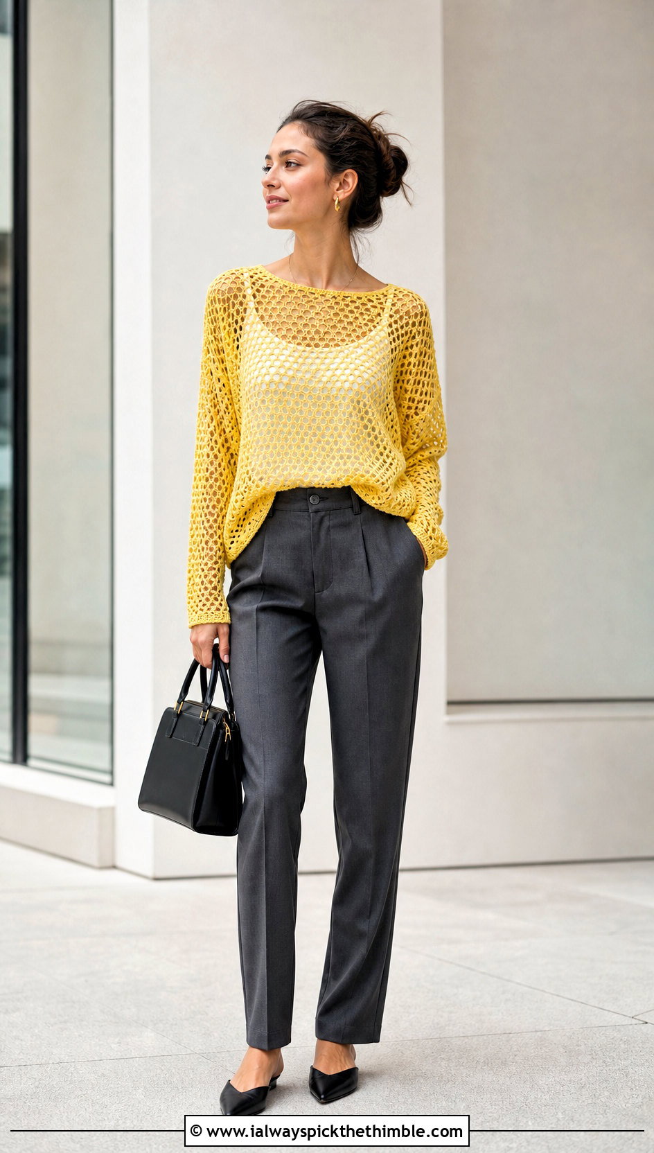 Canary Yellow Mesh Crochet Sweater With Tailored Trousers - 15 bright crochet sweater design outfit ideas