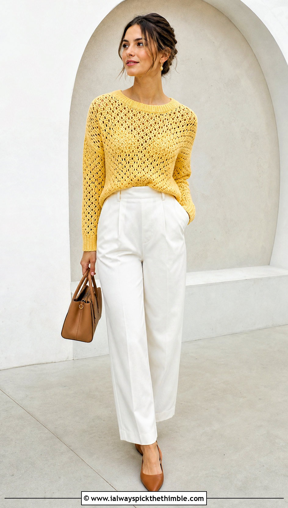 Canary Yellow Sunset Crochet Sweater With White Tailored Pants - 20 Sunset Crochet Sweater outfit ideas