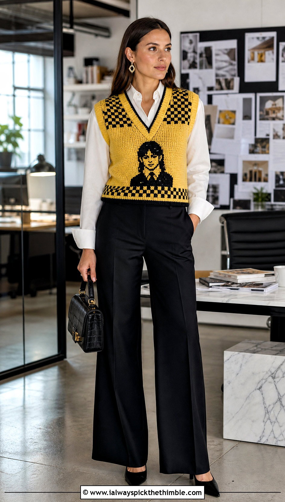 Canary Yellow V Neck Crochet Wednesday Addams Vest With Trousers - 15 Crochet Wednesday Addams Vest outfit ideas