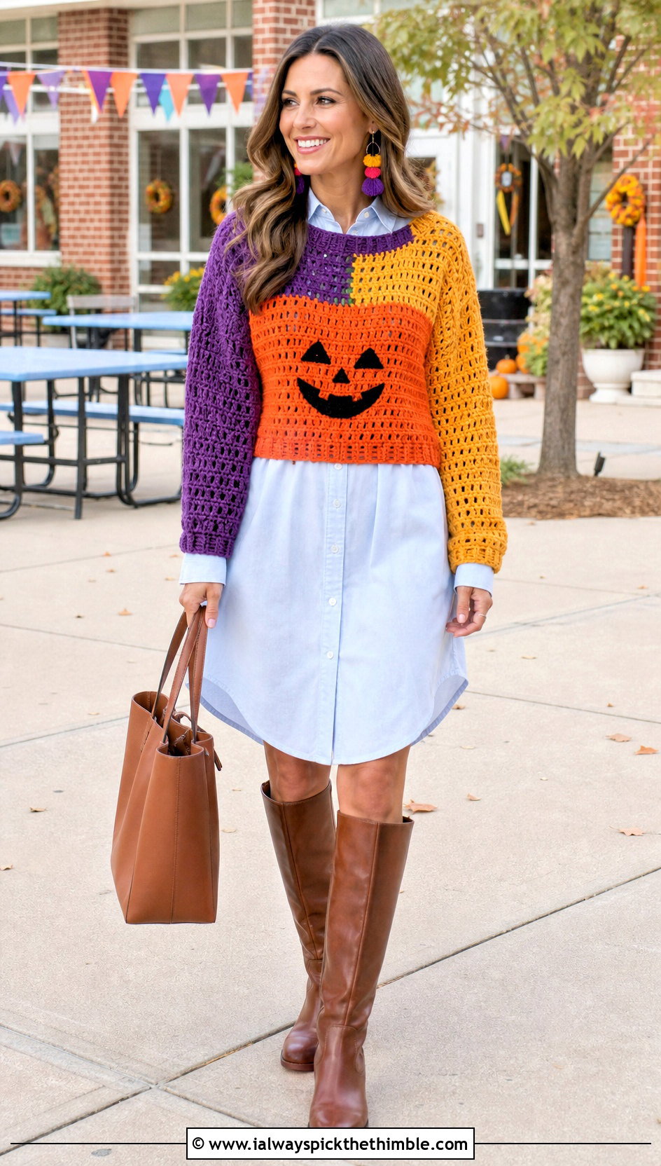 Candy Bucket Colorblock Crochet Halloween Sweater With Shirt Dress - 25 Crochet Halloween Sweater outfit ideas