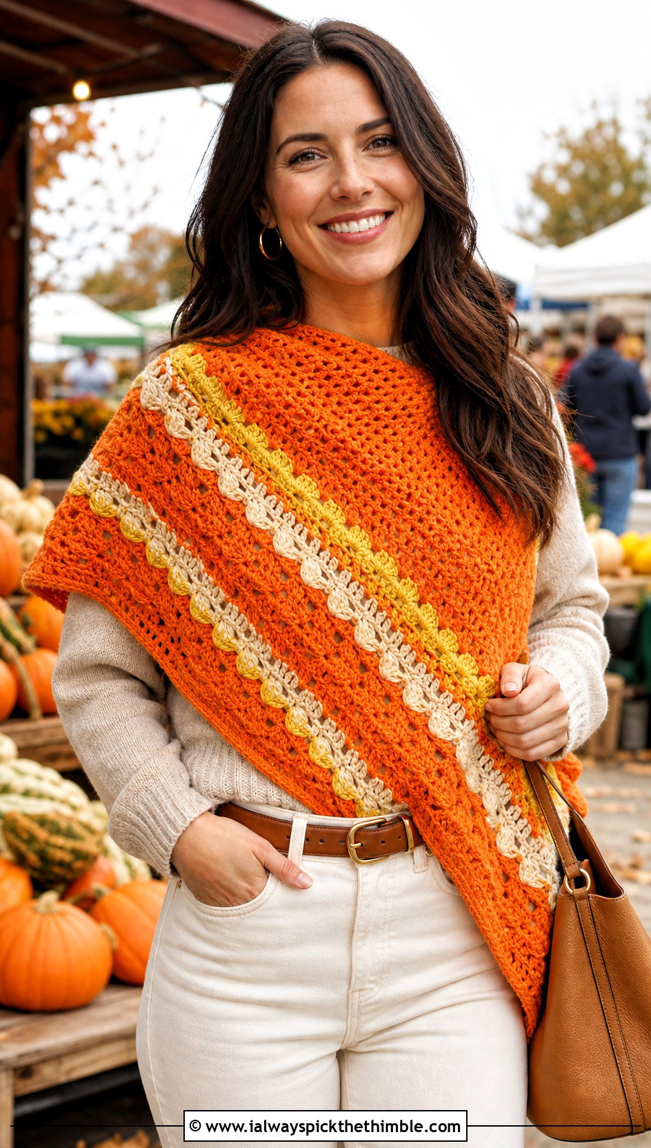 Candy Corn Asymmetrical Crochet Shawl With White Jeans - 20 halloween crochet shawl outfit ideas