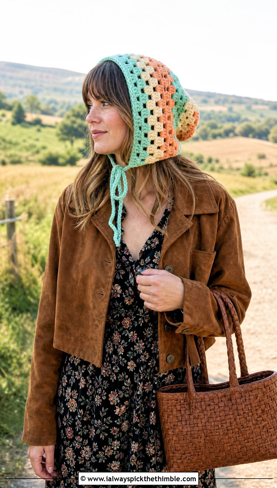 Candy Corn Crochet Bonnet With Prairie Dress - 20 candy corn crochet hat outfit ideas