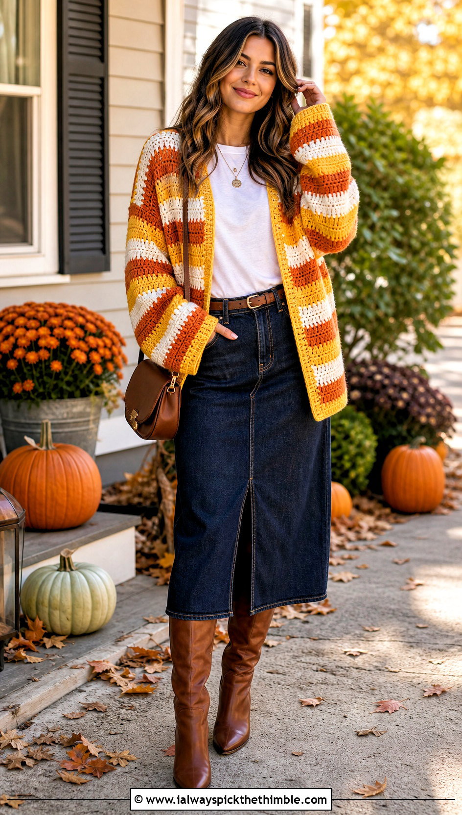 Candy Corn Crochet Cardigan With Denim Midi Skirt - 20 crochet halloween outfit ideas