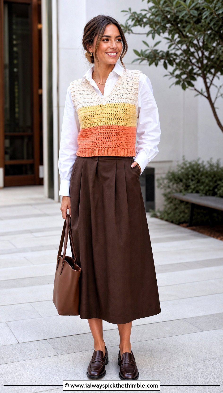 Candy Corn Crochet Vest With Oxford Shirt And Midi Skirt - 20 Crochet Halloween Clothing and outfit ideas