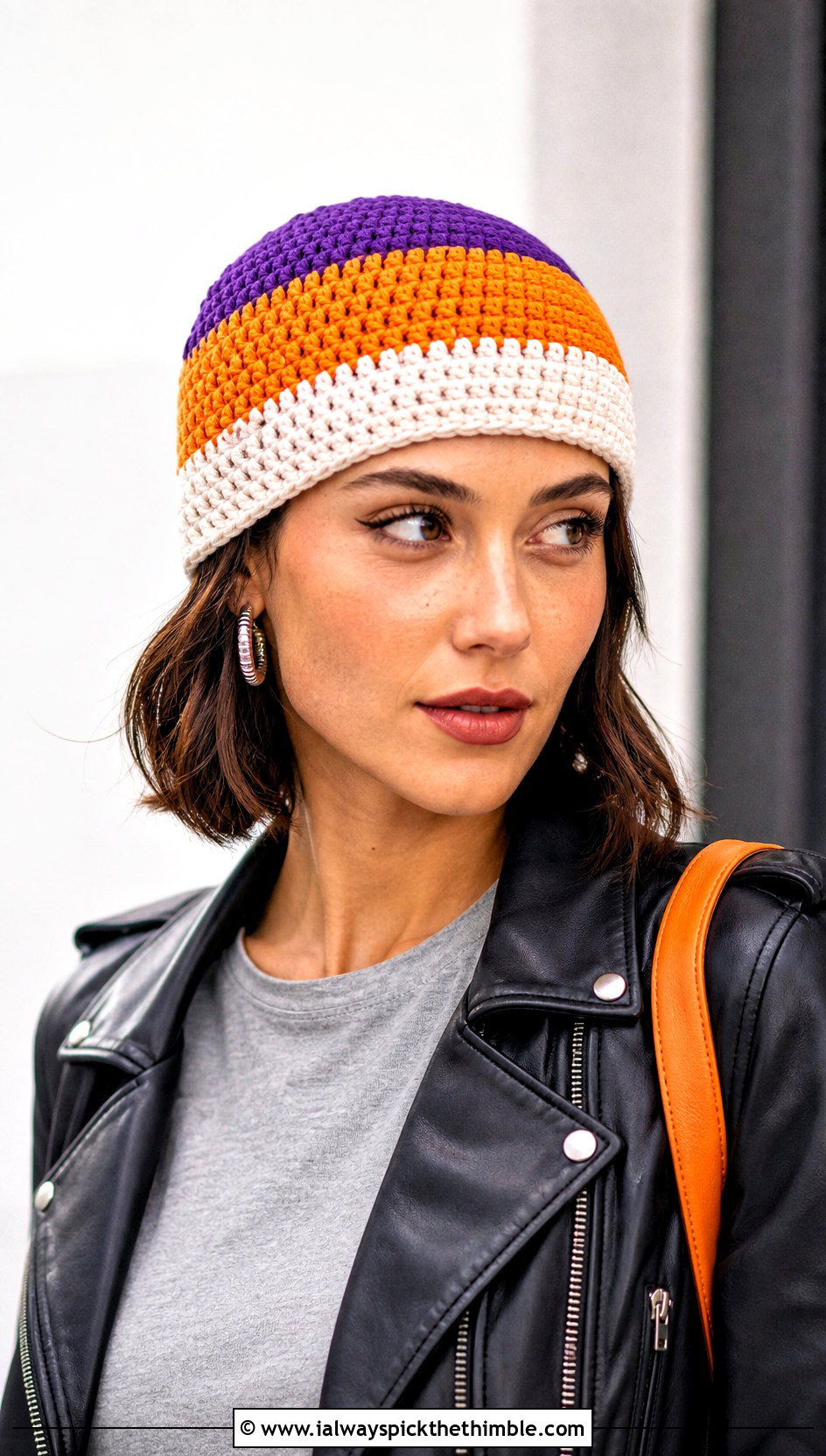 Candy Corn Fisherman Crochet Beanie With Leather Jacket - 20 candy corn crochet hat outfit ideas