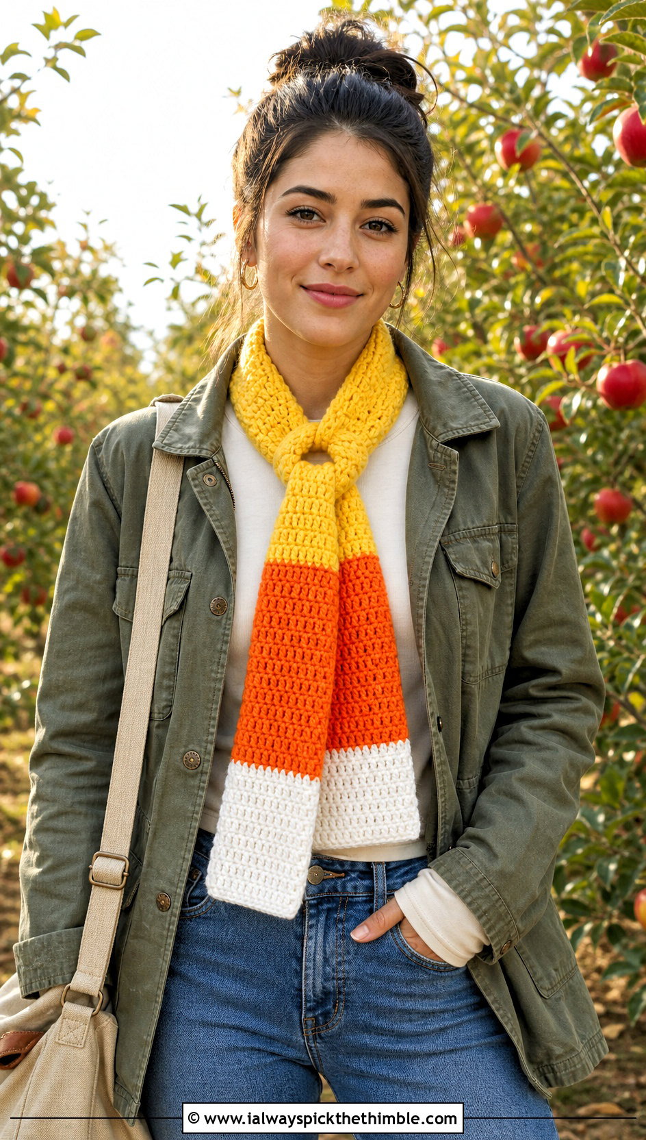 Candy Corn Keyhole Halloween Scarf With Utility Jacket - 20 crochet halloween scarf outfit ideas