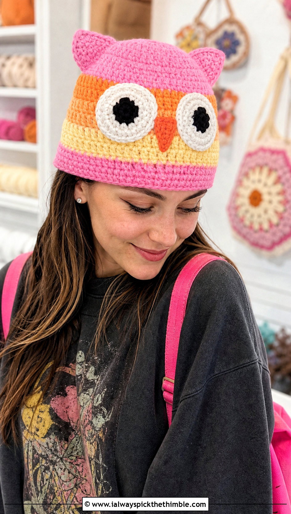 Candy Corn Owl Crochet Hat With Graphic Sweatshirt - 20 candy corn crochet hat outfit ideas
