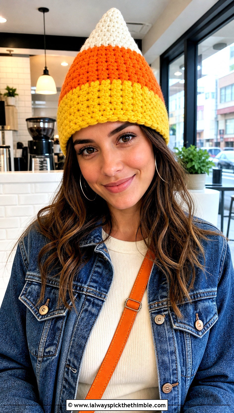 Candy Corn Pointed Crochet Beanie With Denim Jacket - 20 candy corn crochet hat outfit ideas