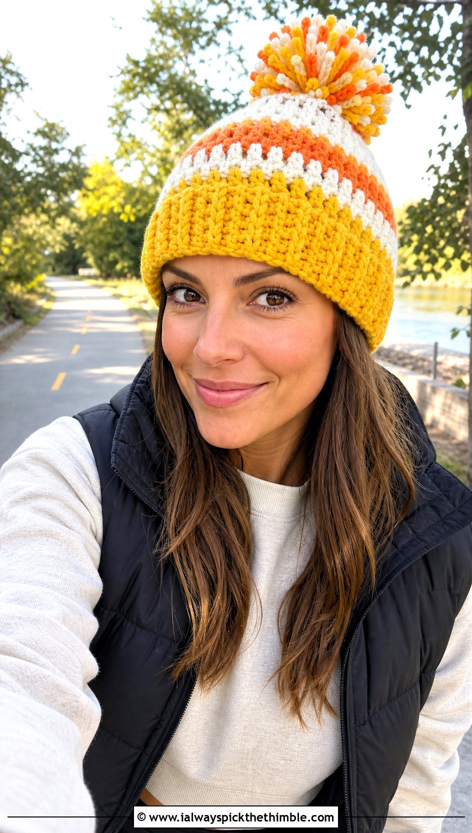Candy Corn Pom Pom Crochet Beanie With Athleisure - 20 Halloween Crochet Beanies outfit ideas