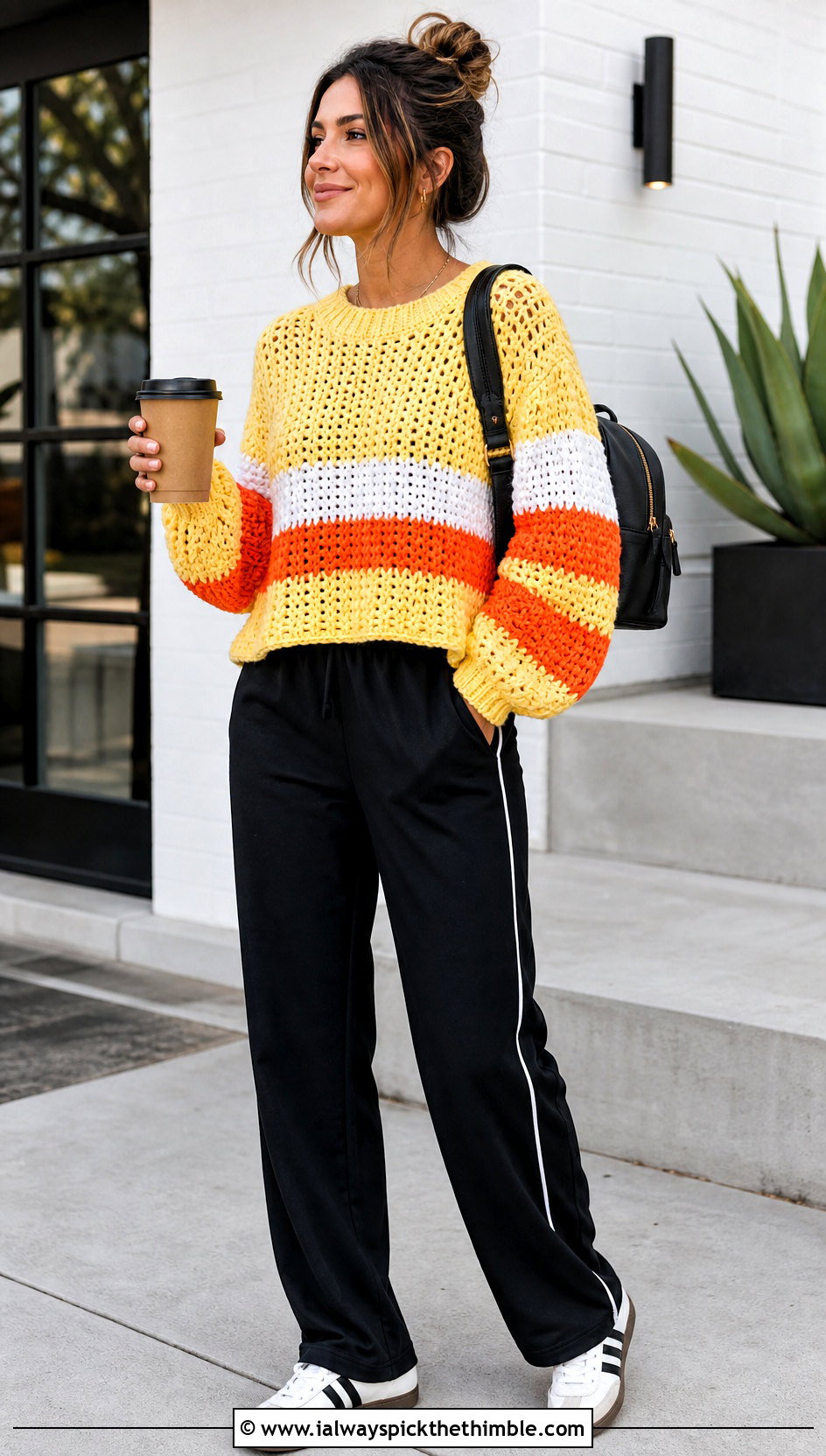 Candy Corn Striped Spooky Crochet Sweater With Track Pants - 15 Spooky Crochet Sweater outfit ideas