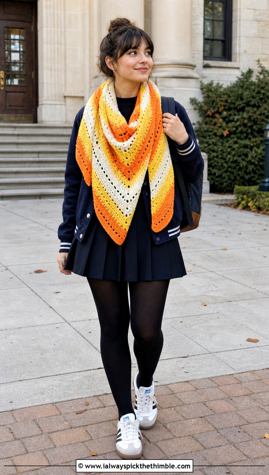 Candy Corn Striped Triangle Shawl With Varsity Jacket - 20 Crochet Halloween Shawl outfit ideas
