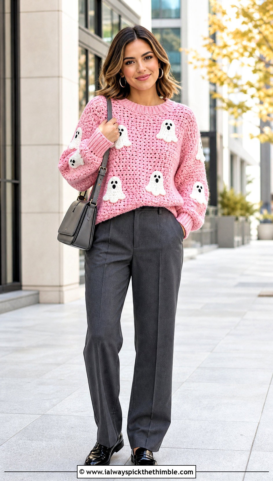 Candy Pink Crochet Ghost Sweater And Tailored Trousers Costume - 15 crochet halloween costumes women outfit ideas