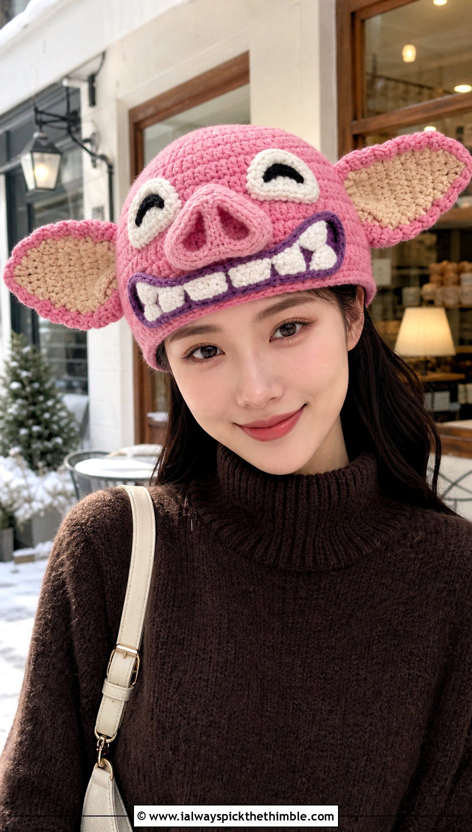 Candy Pink Grinning Bokoblin Crochet Beanie With Sweater Dress - 15 Bokoblin Crochet Hat outfit ideas