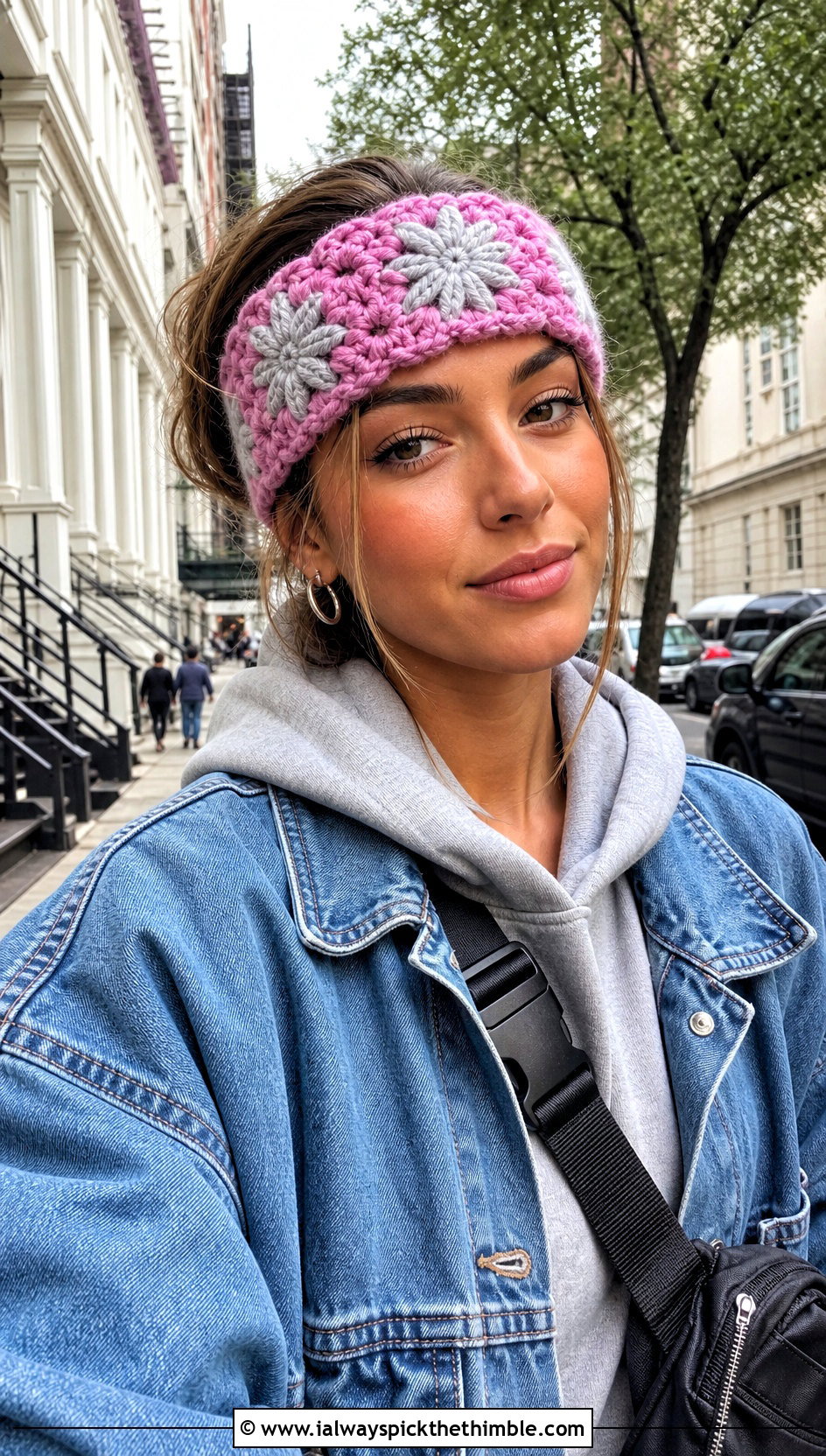 Candy Pink Mosaic Crochet Winter Wonderland Headband With Denim Jacket - 15 Mosaic Crochet Winter Wonderland Headband outfit ideas