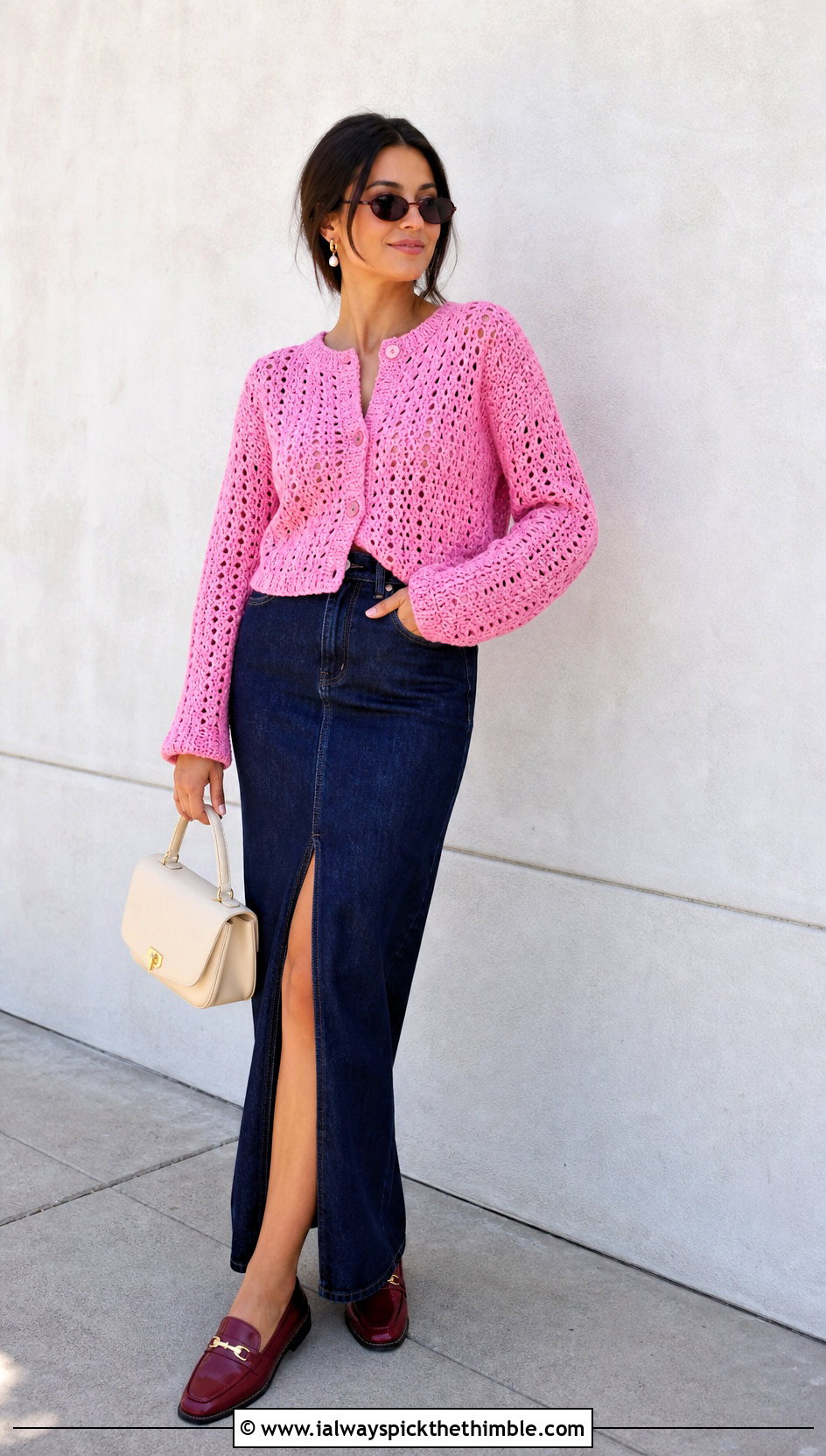 Candy Pink Sunset Crochet Sweater With Denim Maxi Skirt - 20 Sunset Crochet Sweater outfit ideas