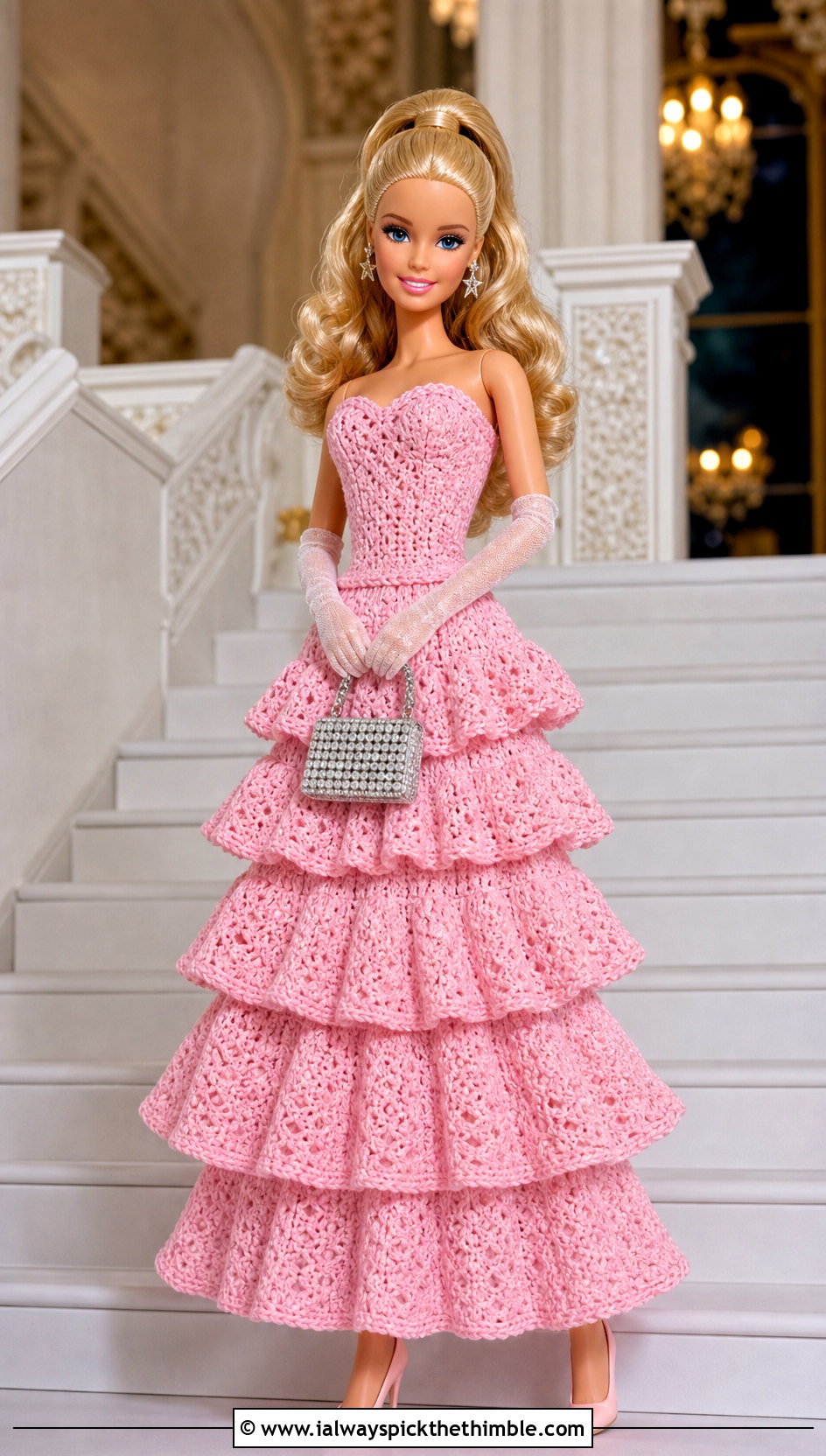 Candy Pink Tiered Crochet Barbie Ball Gown - 20 crochet barbie ball gowns outfit ideas