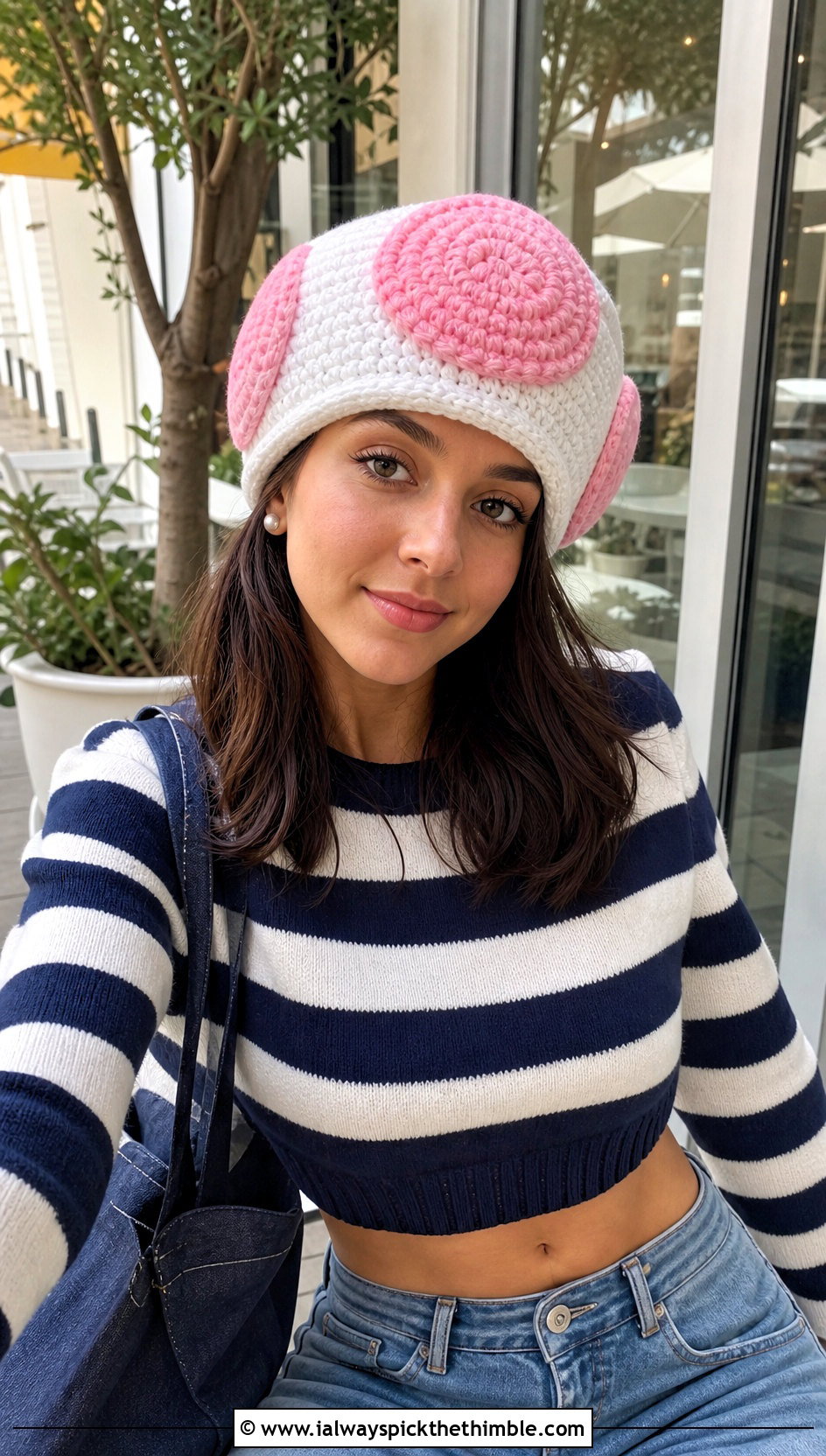 Candy Pink Toad Mushroom Beanie With Wide Leg Jeans Outfit - 15 Mario Toad Crochet Hat outfit ideas