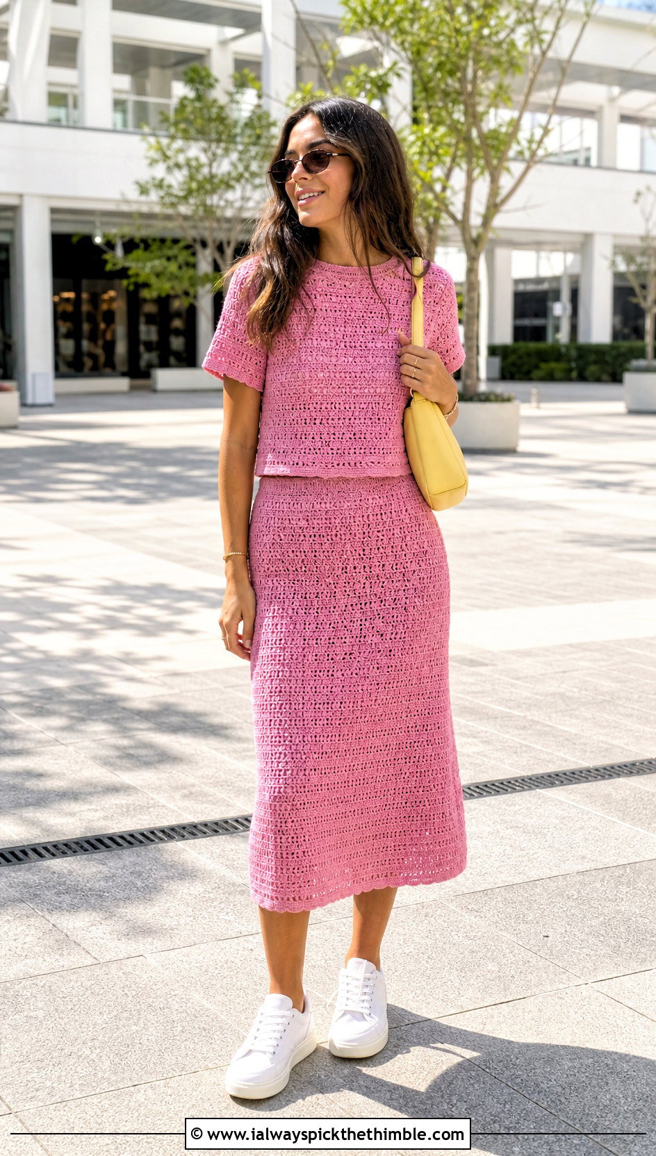 Candy Rose Crochet Skirt Set With White Sneakers - 25 pink crochet outfit ideas