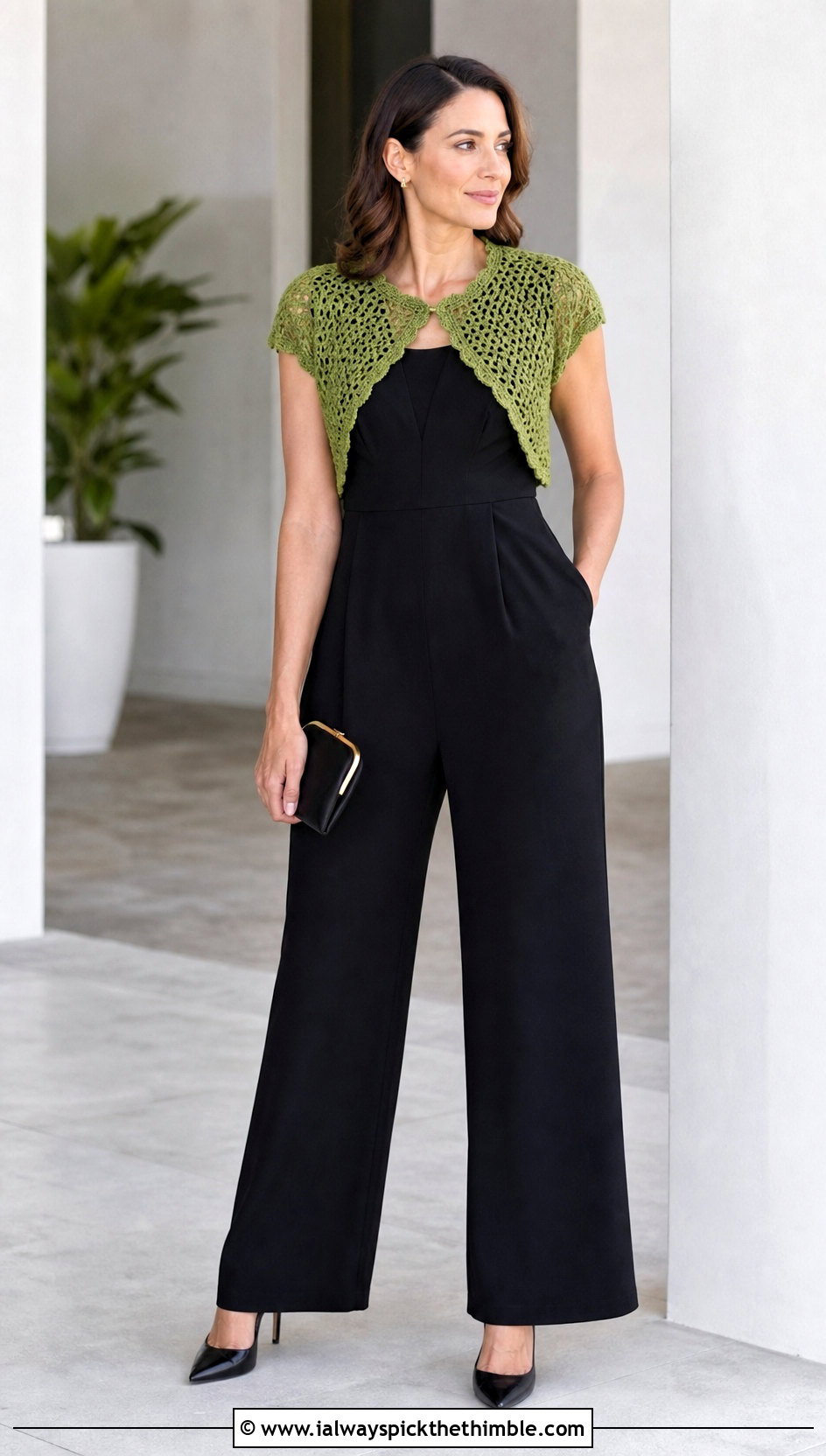 Cap Sleeve Bolero With Tailored Jumpsuit - 25 crochet shrug bolero outfit ideas