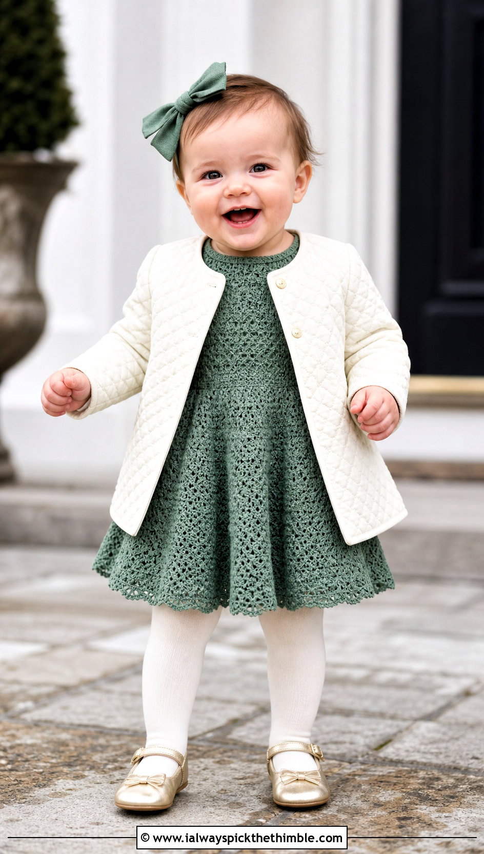 Cap Sleeve Crochet Blessing Dress With Quilted Jacket - 15 Crochet Blessing Dress outfit ideas