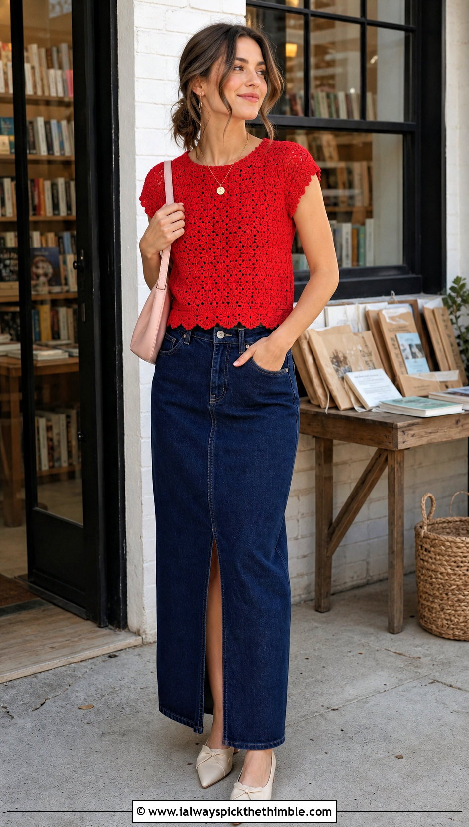 Cap Sleeve Crochet Blouse With Denim Maxi Skirt - 20 vintage crochet top outfit ideas