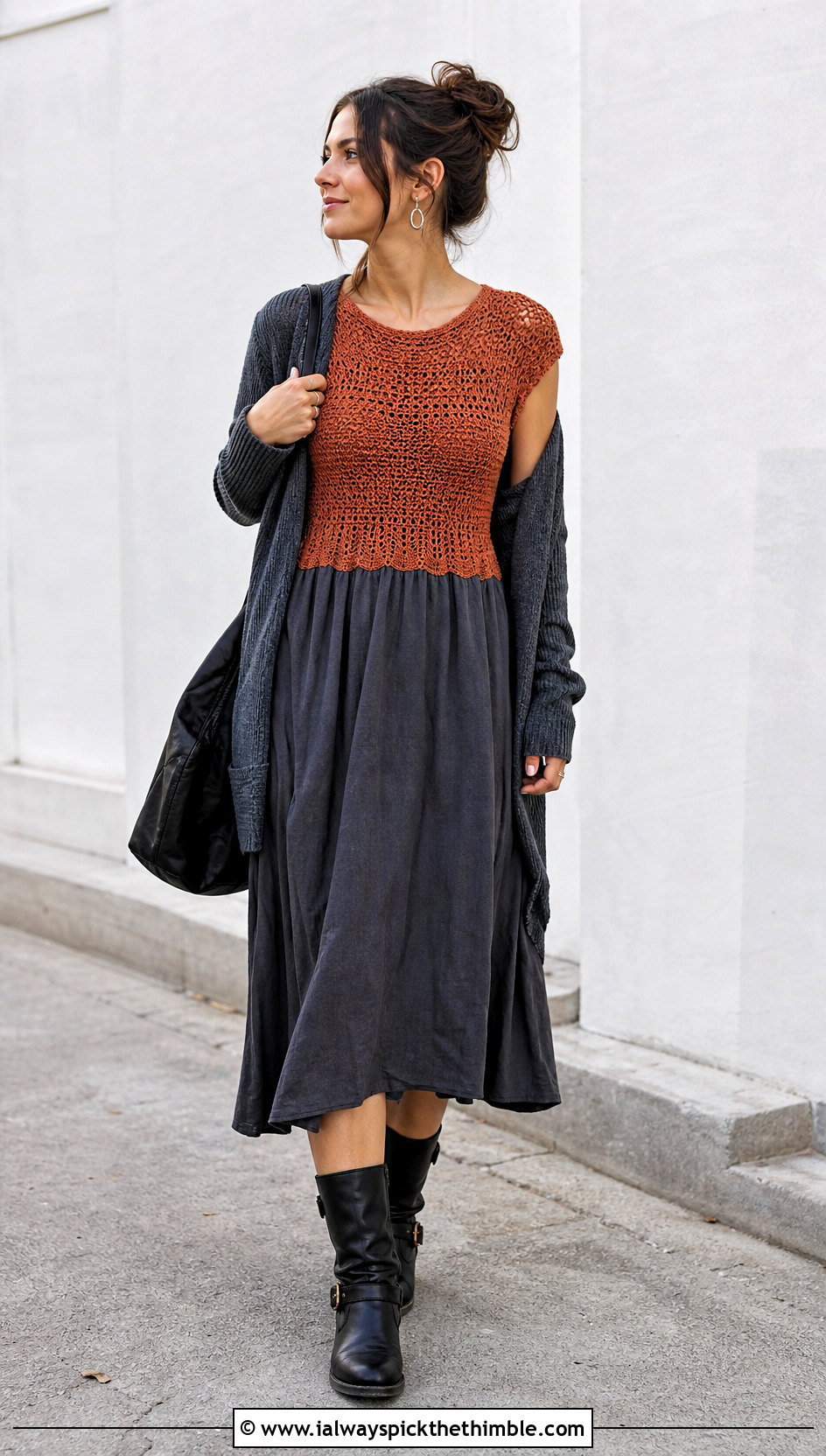 Cap Sleeve Crochet Bodice Dress With Moto Boots - 20 crochet bodice dress outfit ideas