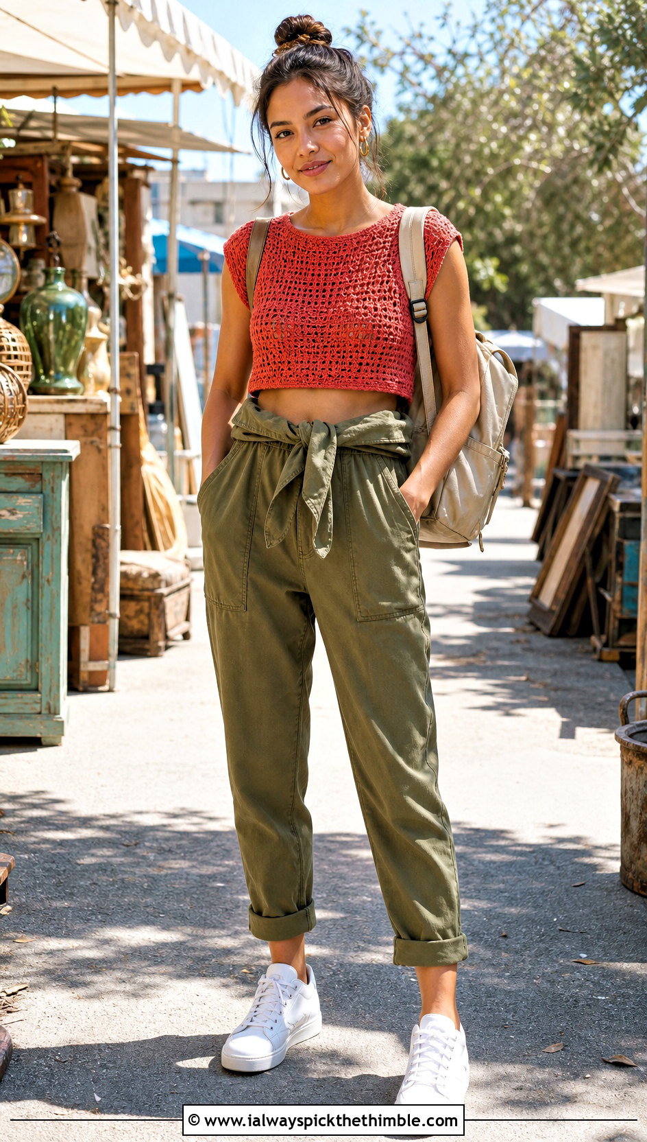 Cap Sleeve Crochet Crop Top With Utility Jumpsuit - 20 cute crochet crop top outfit ideas