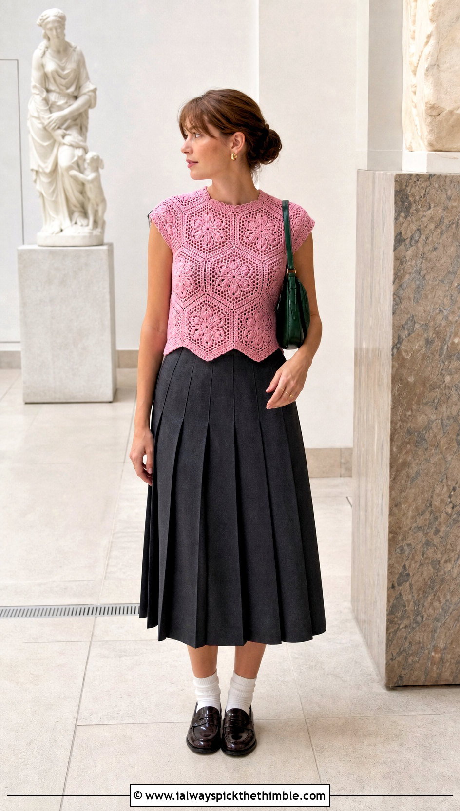 Cap Sleeve Crochet Hexagon Top With Pleated Midi Skirt - 25 crochet hexagon top outfit ideas