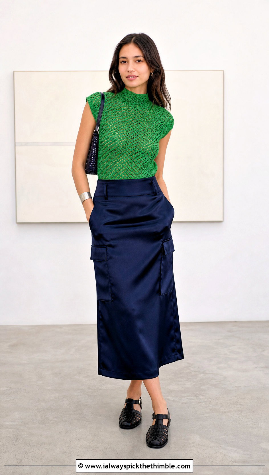 Cap Sleeve Crochet High Neck Top With Satin Cargo Skirt - 25 crochet high neck top outfit ideas
