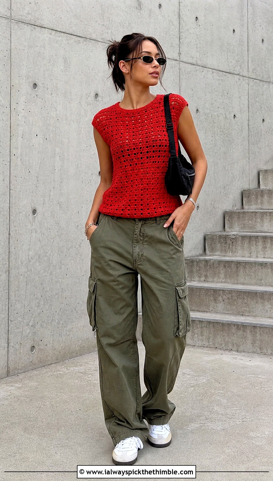 Cap Sleeve Crochet Knit Tee With Cargo Pants - 25 crochet knit top outfit ideas
