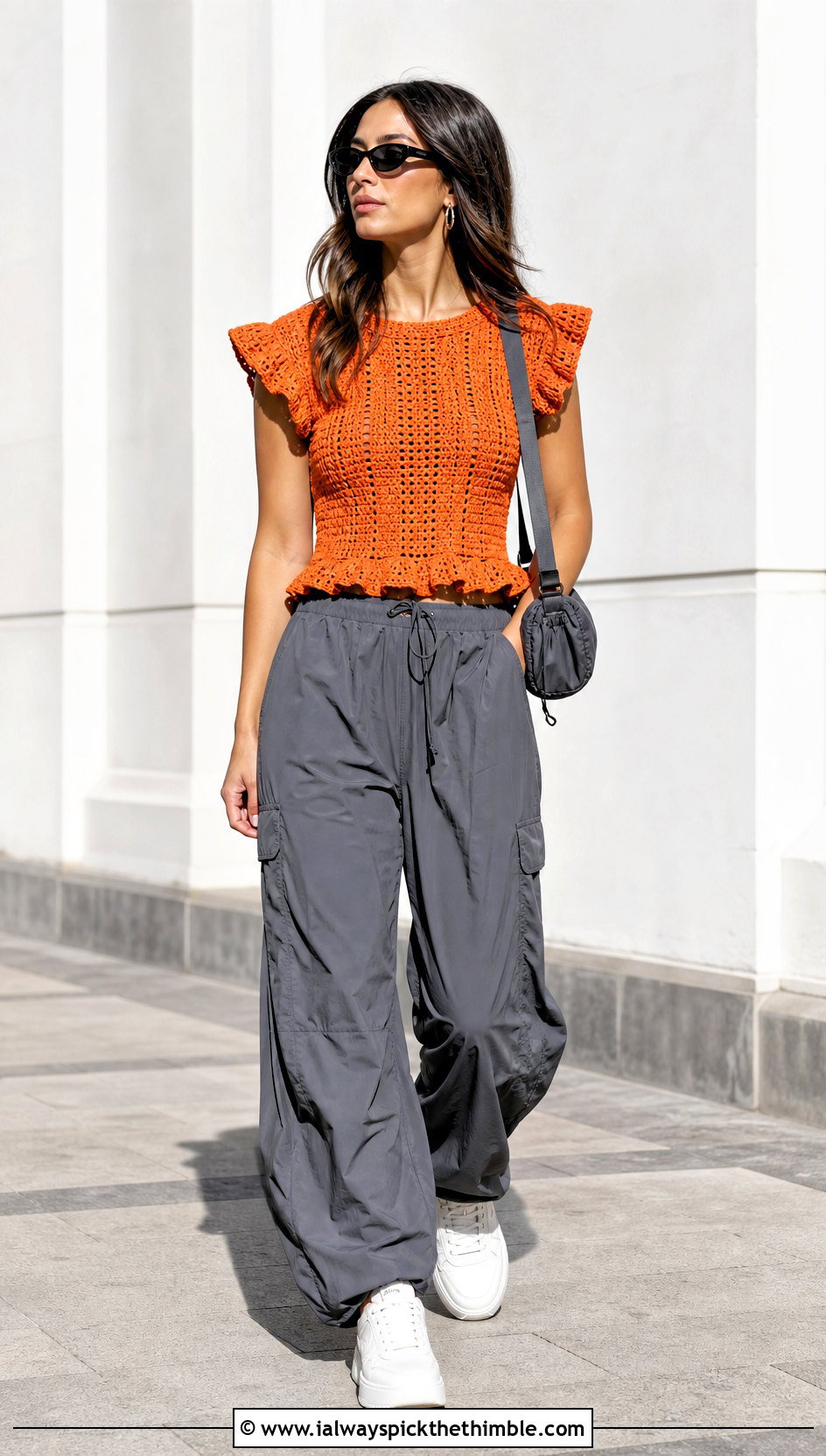 Cap Sleeve Crochet Ruffle Top With Parachute Pants - 25 crochet ruffle top outfit ideas