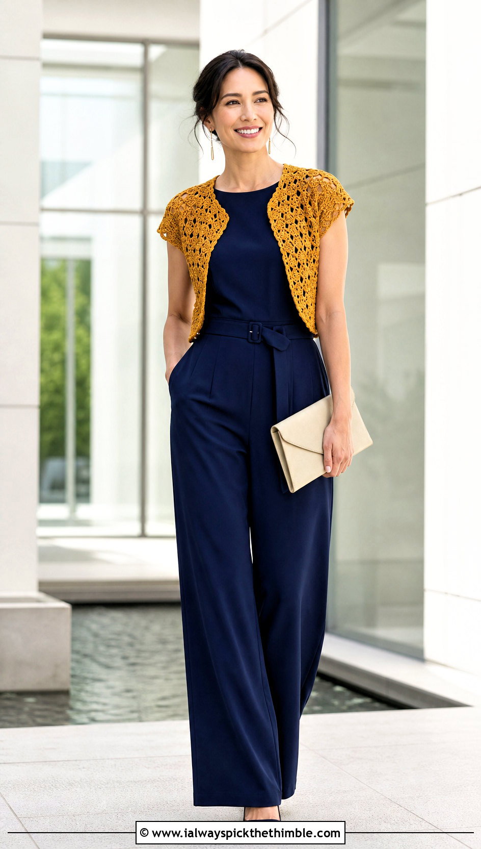 Cap Sleeve Crochet Shrug With Wide Leg Jumpsuit - 20 crochet short sleeve shrug outfit ideas